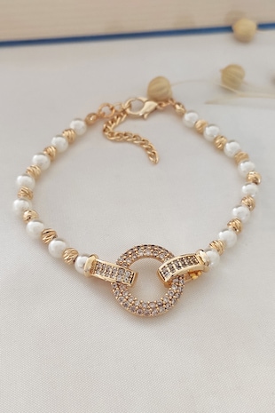 Atelier Miu Bratara cu perle sintetice si zirconia, Alb/Auriu