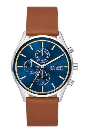 Skagen Ceas cronograf cu o curea de piele, Maro