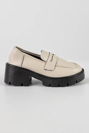MUSK Pantofi loafer de piele ecologica cu toc masiv, Negru/Maro nisip