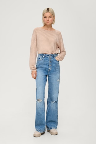 QS Pulover striat cu maneci raglan, Maro camel