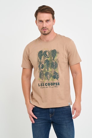 Lee Cooper KVL by KENVELO, Tricou de bumbac cu decolteu la baza gatului si imprimeu grafic, Maro nisip