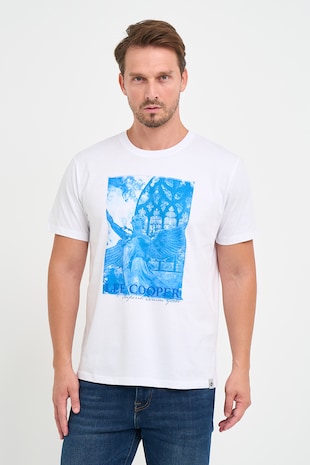 Lee Cooper Tricou cu decolteu la baza gatului si imprimeu logo si foto, Alb/Turcoaz
