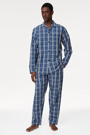 Marks & Spencer Pijama in carouri cu revere decupate, Albastru inchis/Albastru royal/Alb murdar