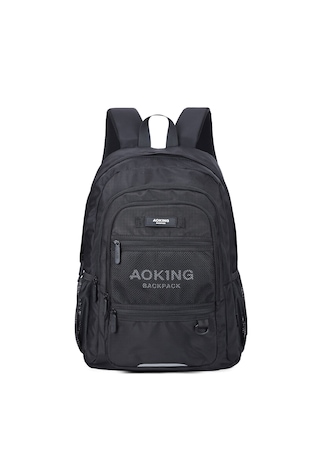 Aoking Rucsac unisex din material textil cu buzunare cu fermoar, Negru