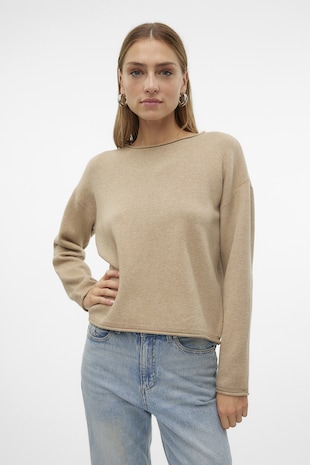 Pulover uni tricotat fin, Bej