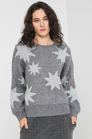 Only Pulover cu model cu stele, Gri melange/Argintiu