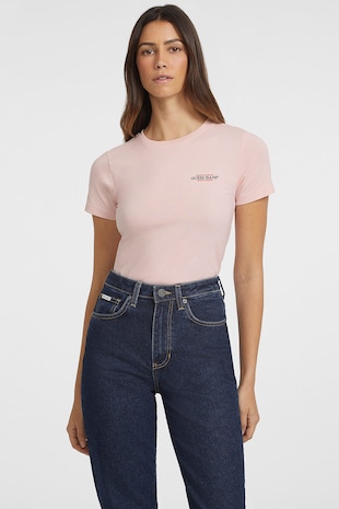 GUESS JEANS Tricou slim fit cu decolteu la baza gatului, Roz pal