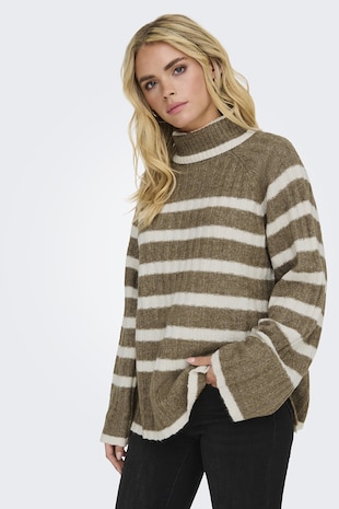 JdY Pulover lejer cu model in dungi Miley, Alb/Kaki