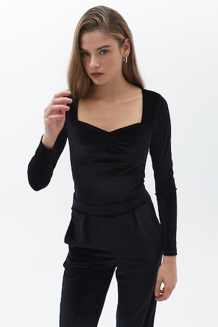 OXXO Bluza cu decolteu in V si model uni, Negru
