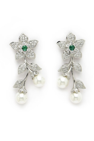 AVANT-GARDE PARIS Cercei drop cu design floral si zirconia cubica, Alb/Verde/Argintiu