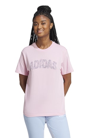 adidas Sportswear Tricou cu decolteu la baza gatului si imprimeu logo, Roz deschis