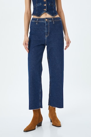 KOTON Blugi crop cu croiala dreapta, Albastru inchis