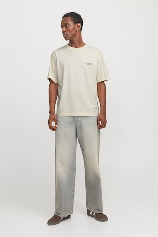 Jack & Jones Tricou cu imprimeu text si decolteu la baza gatului, Alb/Portocaliu/Albastru