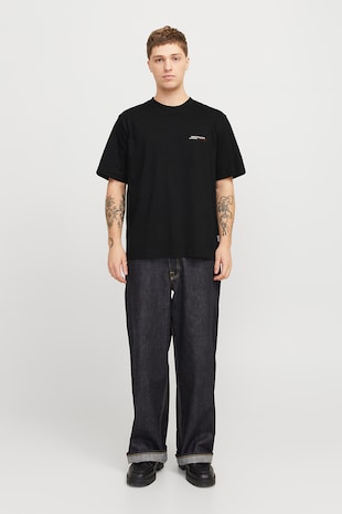 Jack & Jones Tricou cu imprimeu text si decolteu la baza gatului, Negru/Crem