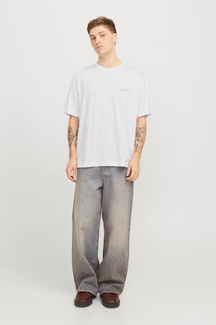 Jack & Jones Tricou cu imprimeu text si decolteu la baza gatului, Alb/Auriu