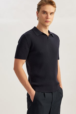 KOTON Pulover polo cu model texturat, maneci scurte si decolteu in V, Bleumarin
