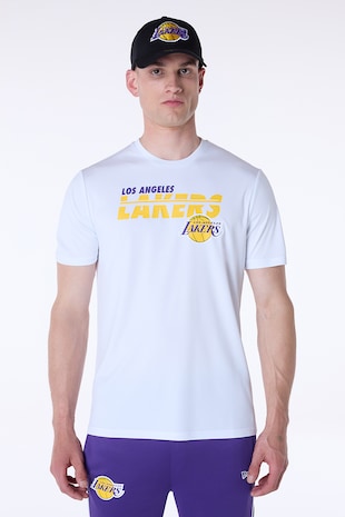 New Era Tricou cu imprimeu logo si decolteu la baza gatului, Galben sofran/Alb optic/Albastru indigo