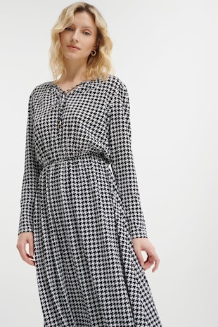GreenPoint Rochie midi cu model si maneci lungi, Negru/Alb murdar
