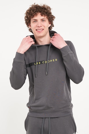 Lee Cooper Hanorac cu buzunare cu fermoar si logo, Gri inchis