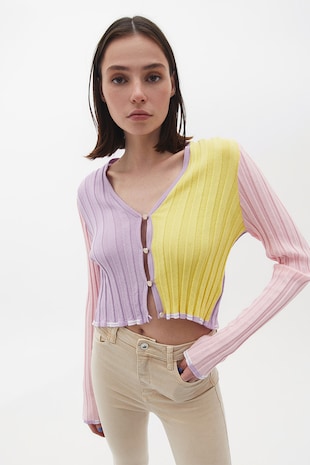 OXXO Cardigan crop cu model colorblock si decolteu in V, Galben/Lila pal