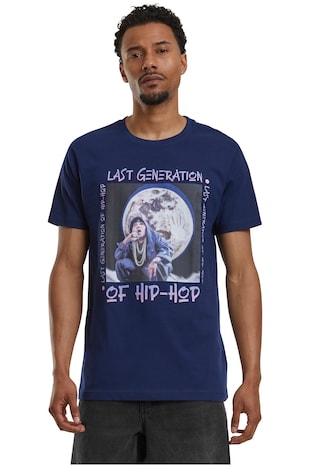 Mister tee Tricou cu imprimeu si decolteu la baza gatului, Gri deschis/Violet/Albastru inchis