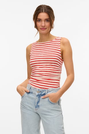 Vero Moda Top slim fit cu model in dungi, Rosu/Alb murdar
