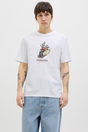 Jack & Jones Tricou din bumbac cu imprimeu cu craniu, Coral/Bej/Alb optic