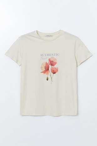 LC WAIKIKI Tricou cu decolteu la baza gatului si imprimeu floral, Piersica/Caramiziu/Crem
