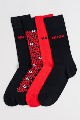 HUGO Set de sosete lungi din amestec de bumbac - 4 perechi, Negru/Rosu vermillion