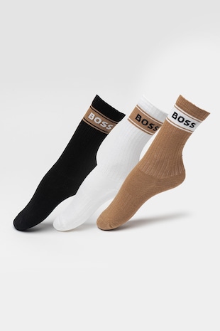 BOSS Set de sosete lungi cu detaliu logo - 3 perechi, Alb/Albastru ultramarin/Maro camel