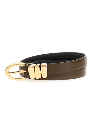 GUESS Curea din piele cu accesoriu metalic, Maro inchis