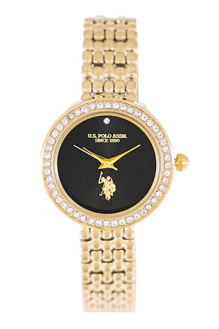 U.S. Polo Assn. Ceas quartz cu cristale si logo pe cadran, Auriu