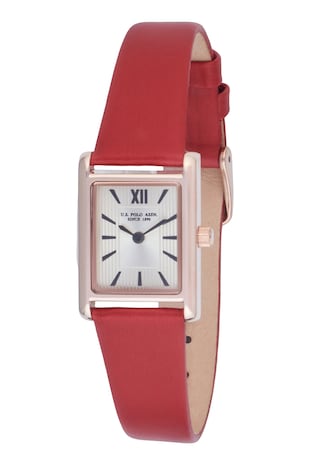 U.S. Polo Assn. Ceas dreptunghiular cu o curea din piele, Auriu/Rosu vermillion