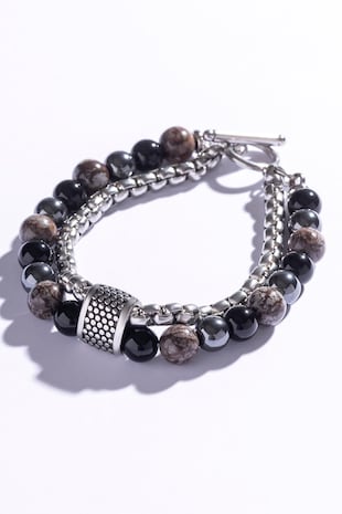 Marc Malone Bratara cu siraguri duble si decorata cu obsidian si hematite, Negru/Maro/Gri