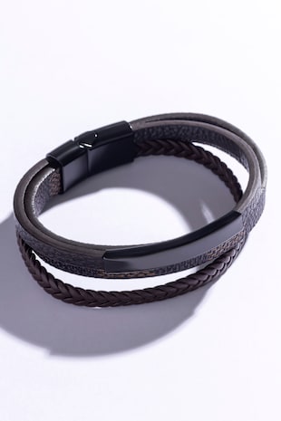 Marc Malone Bratara impletita din piele ecologica, Negru, Maro inchis/Negru