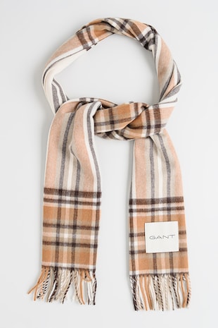 Gant Fular franjurat de lana merinos cu model tartan, Maro inchis/Bej/Bej deschis