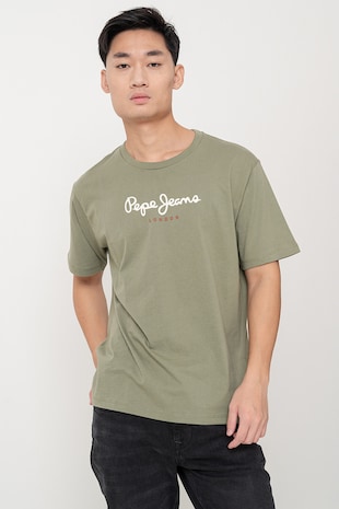 Pepe Jeans London Tricou cu decolteu la baza gatului si logo, Verde sparanghel