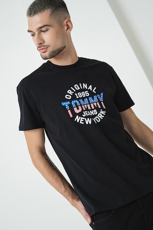Tommy Jeans Tricou de bumbac cu decolteu la baza gatului, Negru