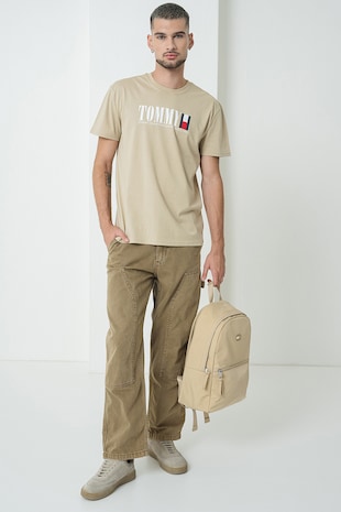 Tommy Jeans Tricou cu imprimeu logo si decolteu la baza gatului, Maro nisip