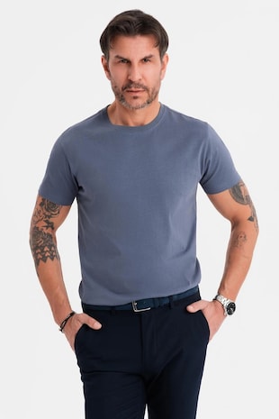 OMBRE Tricou uni cu decolteu la baza gatului, Albastru inchis