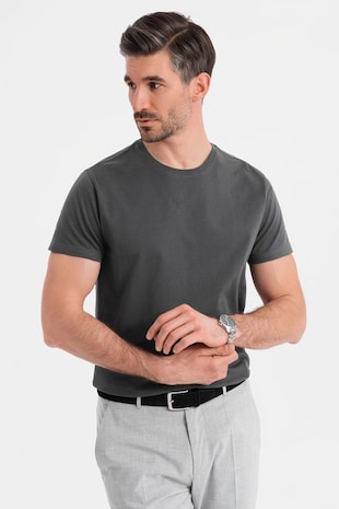OMBRE Tricou uni cu decolteu la baza gatului, Gri inchis