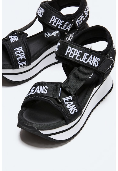 Pepe Jeans London Sandale cu talpa wedge, inchidere velcro si model logo Femei