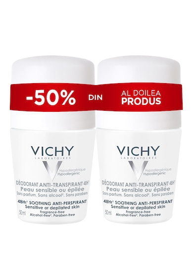 Vichy Pachet Promo:  Deodorant roll-on antiperspirant fara parfum, 48h, 50 ml 1+1-50% Femei