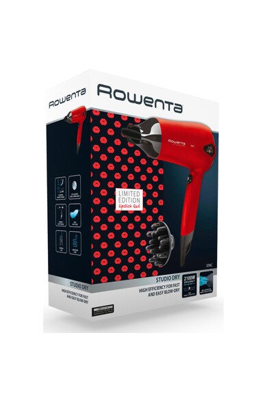 Rowenta Uscator de par  Studio Dry , 1700W, 3 trepte de viteza/caldura, inel de agatare, functie Eco, generator de ioni, Negru/Rosu Femei