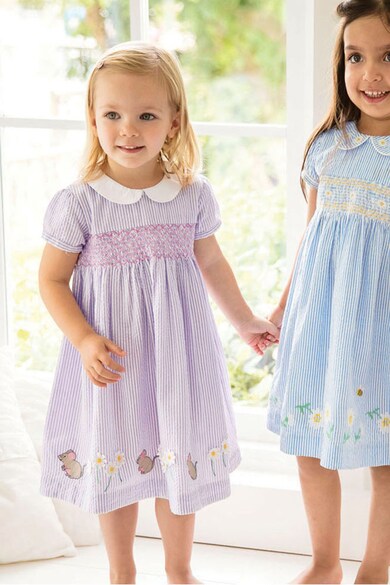 JoJo Maman Bebe Rochie cu croiala in A, dungi si broderie cu model grafic Fete