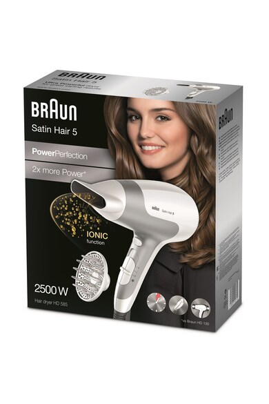 Braun Uscator de par  HD585, Ionizare, 2500 W, 3 Trepte de temperatura, Difuzor volum, Alb Femei