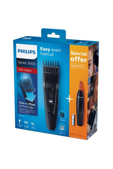 Philips Set aparat de tuns  Seria3000 + trimmer nas si urechi /85, pieptene ajustabil, 0.5-23mm, 13 trepte, Lame lavabile, Negru/Argintiu Barbati