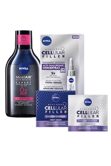 Nivea Pachet promo  Cellular: Cellular Tratament Intensiv + Crema de zi Volume Filler + Crema de noapte Volume Filler + Apa micelara pentru ochi Femei