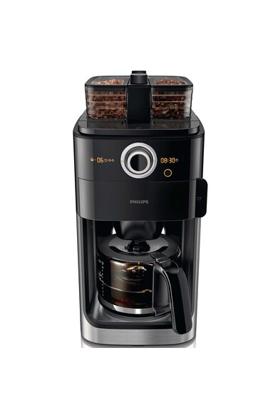 Philips Cafetiera  Grind & Brew HD7769/00, 1000 W, vas de sticla, Rasnita de cafea integrata, Aroma Seal, Sistem de selectare a concentratiei pentru a ajusta taria cafelei, pastrare la cald de la 10 minute la 2 ore, cronometru, Negru/Metalic Femei