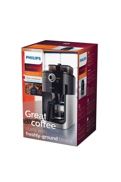 Philips Cafetiera  Grind & Brew HD7769/00, 1000 W, vas de sticla, Rasnita de cafea integrata, cronometru, Negru/Metalic Femei